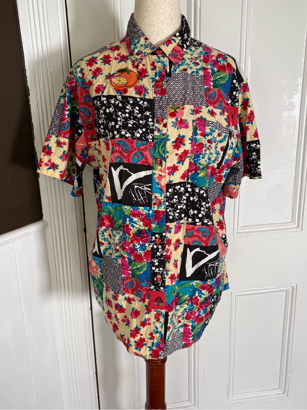 Vintage Hunt Club Petite M Patchwork Floral Shirt Hand Sewn Fruit Applique 90s
